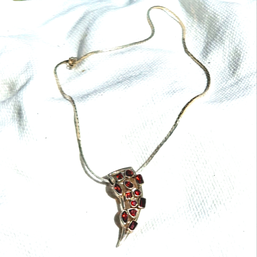 Garnet Sterling Slide Horn Pendant 16" 925 Chain - Picture 2 of 4
